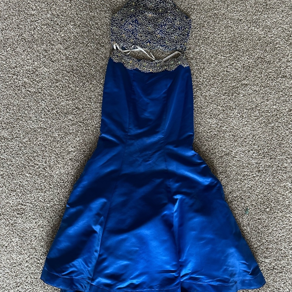 Halter Blue Satin Two Piece Prom Dress with Beaded Bodice